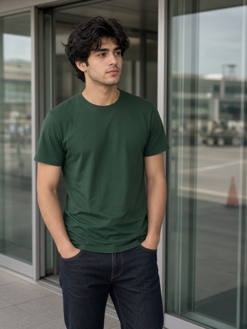 Green shirt by the doors